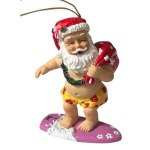 Vintage Island Heritage Surfing Santa Hawaiian Ornament Hand Painted 2x3"